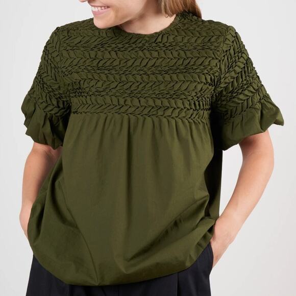 Merlette Orestes Blouse Olive Green Smocked Short Sleeve Blouse Top XS - Picture 1 of 8